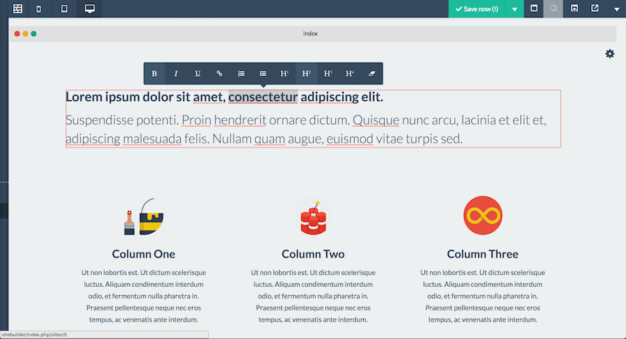 SiteBuilder comes with an awesome inline text editor to edit written content