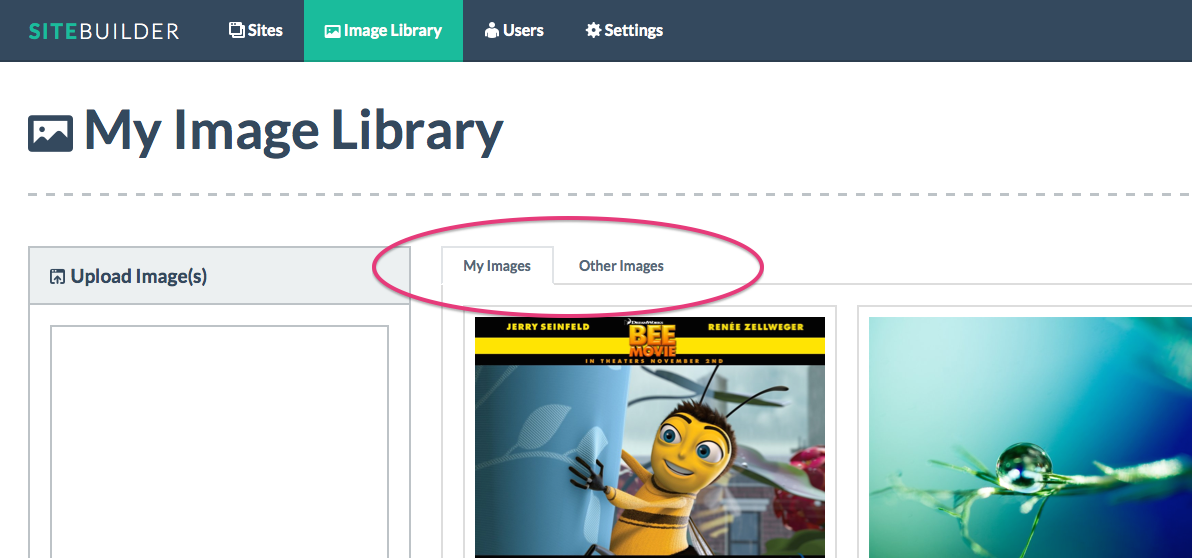 SiteBuilder gives you access to your own image library